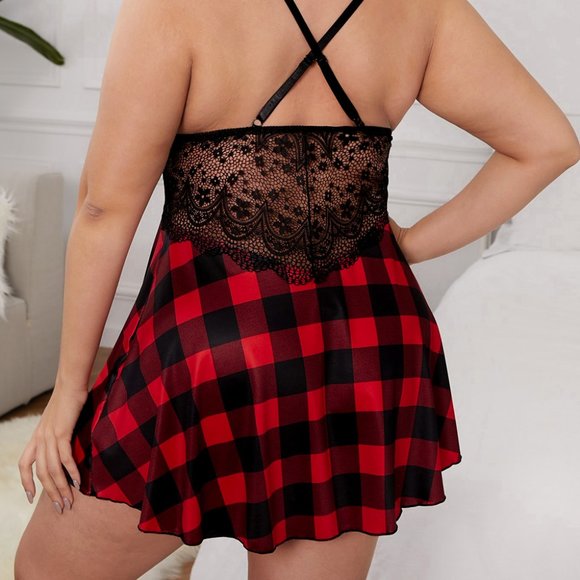 Black and Red Buffalo Plaid Lace Bra Splicing Floral Babydoll Lingerie - Picture 10 of 10